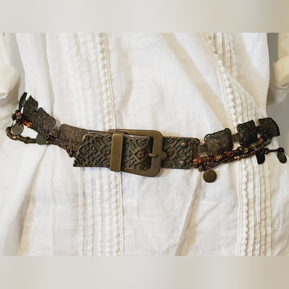 Vintage Accessories - Vintage Ornate Metal Belt with Beaded Accents